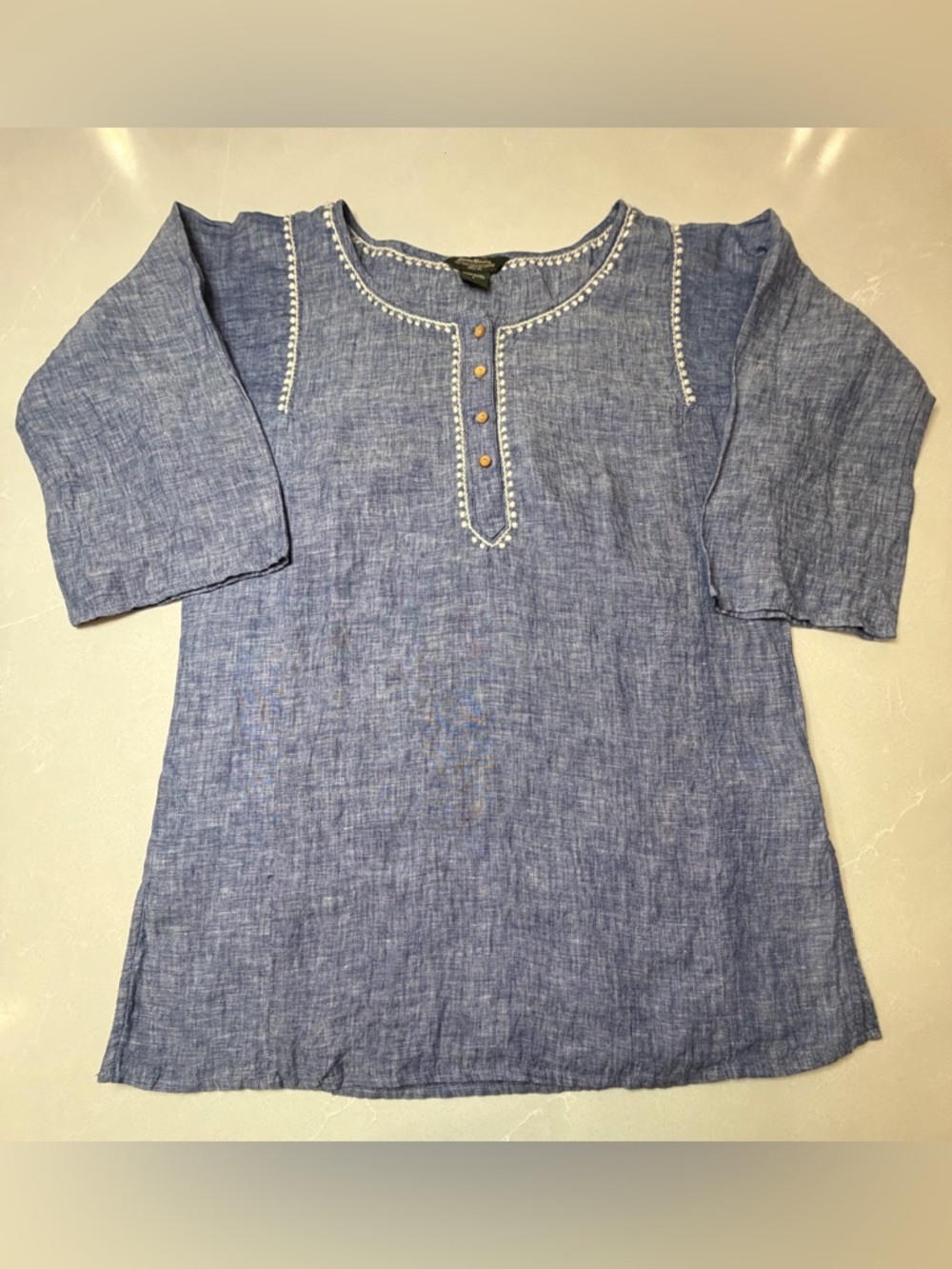 Eddie Bauer Women Blue 3/4 Sleeve Embroidered 100% Linen Blouse Size Large